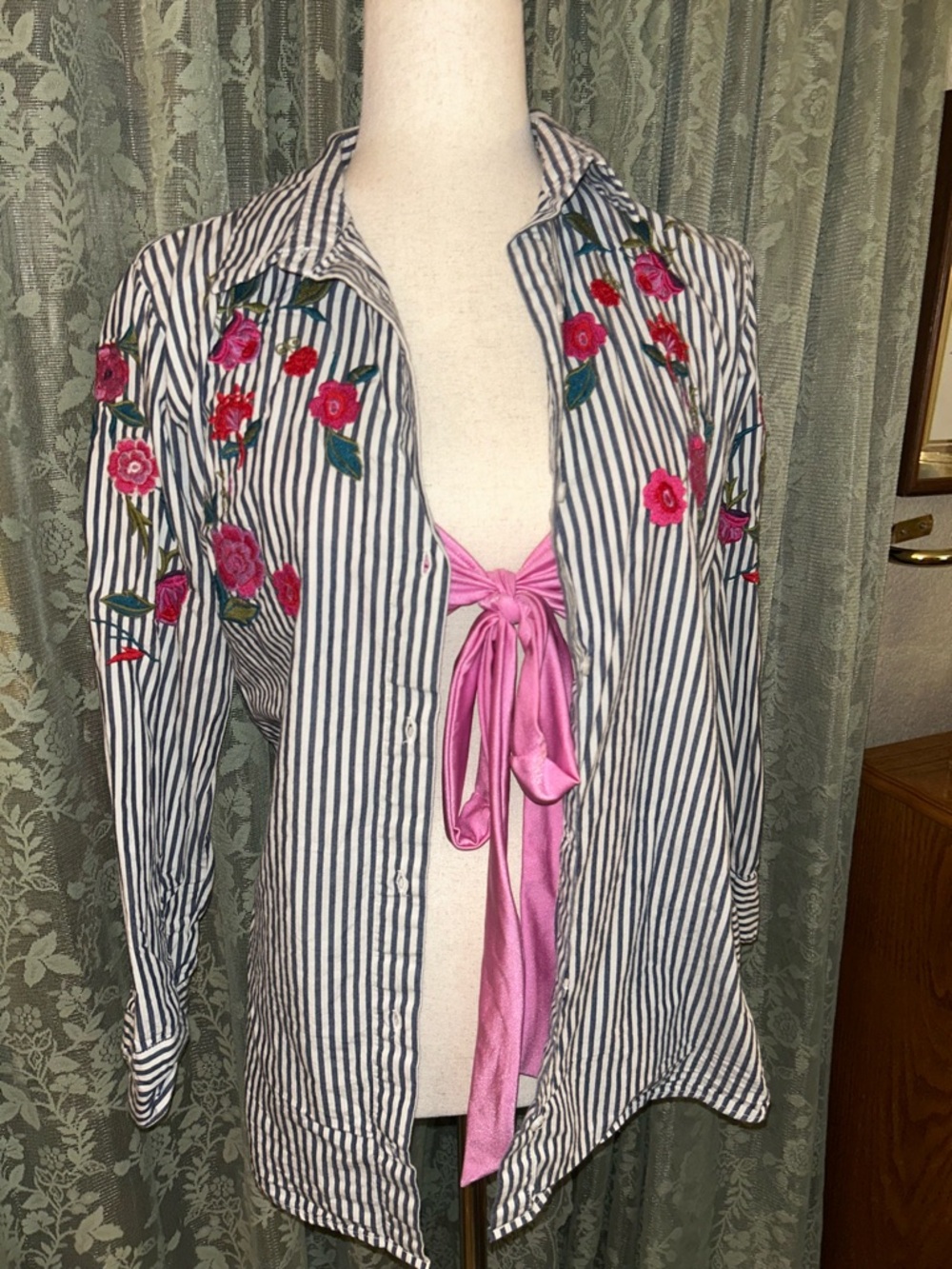 Allison Joy Blue & White Striped Button-Down Shirt with Pink Floral Embroidery